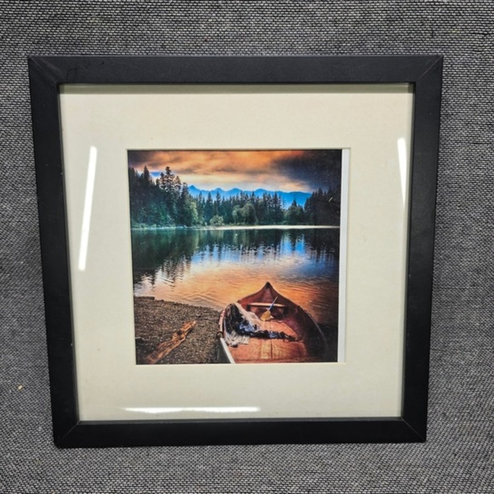 Jenny Tsang Framed Art 14.5" Square - Serene Lake Landscape Canoe - Nature Decor